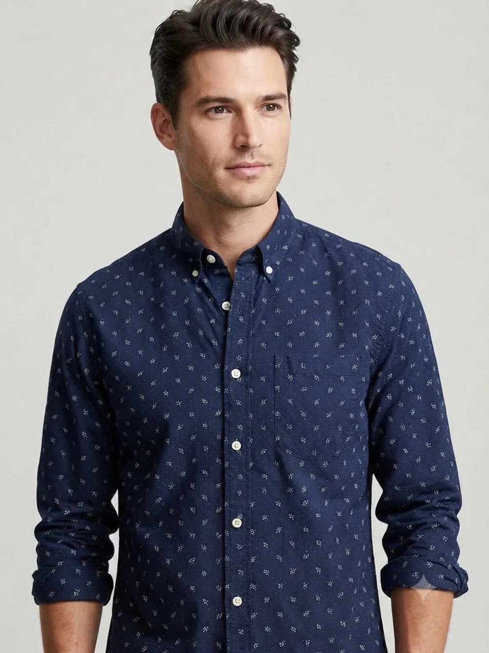 J. Crew Navy Men’s Cotton Button-Down with Small White Leaf & Dot Print